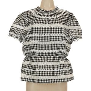 J. Crew Black & White Gingham Lace-Trim Puff Sleeve Top